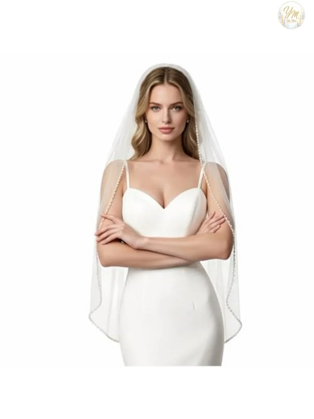 Fingertip Length Bridal Veil with Pearls Beaded Edge, Tulle Wedding Veil with